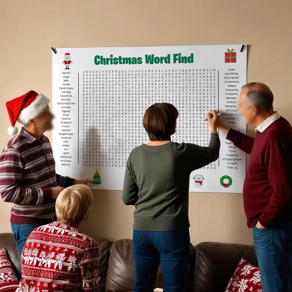 Party Games For Large Groups - 大きなクリスマスワードサーチポスター ホリデーパーティー用 楽しいグループゲーム 50個の祝祭用語彙付き 31.5×20インチ